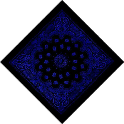 A square bandana with a black border and a deep blue paisley pattern, rotated 45 degrees to appear diamond-shaped on a plain white background.