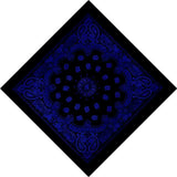 A square bandana with a black border and a deep blue paisley pattern, rotated 45 degrees to appear diamond-shaped on a plain white background.