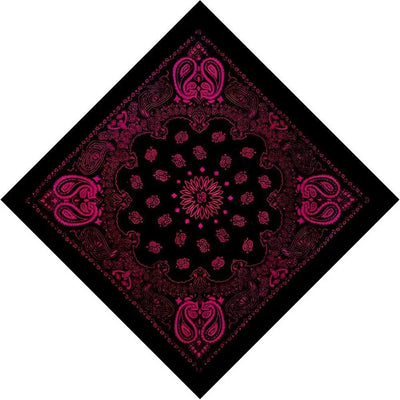 A black bandana with a vibrant magenta paisley and floral mandala pattern, shown rotated as a diamond on a plain white background.