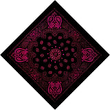 A black bandana with a vibrant magenta paisley and floral mandala pattern, shown rotated as a diamond on a plain white background.