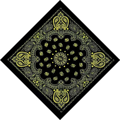 A black bandana with a symmetrical yellow paisley and floral mandala pattern, shown rotated as a diamond on a plain white background.