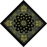 A black bandana with a symmetrical yellow paisley and floral mandala pattern, shown rotated as a diamond on a plain white background.