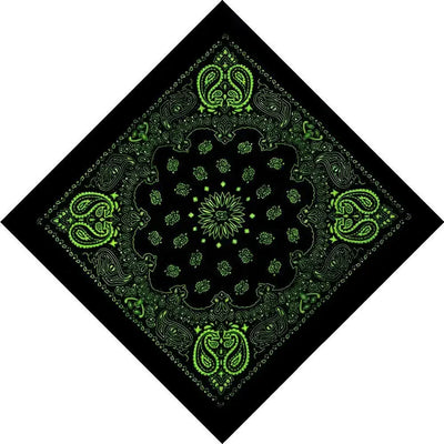 A black bandana with a vibrant green paisley and floral mandala pattern, shown rotated as a diamond on a plain white background.