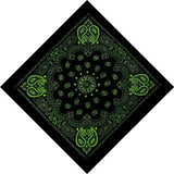 A black bandana with a vibrant green paisley and floral mandala pattern, shown rotated as a diamond on a plain white background.