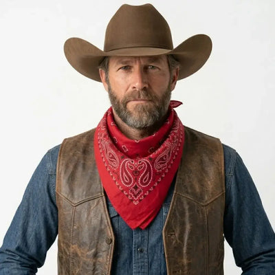 Man wearing a cowboy hat, leather vest, and red bandana on a white background